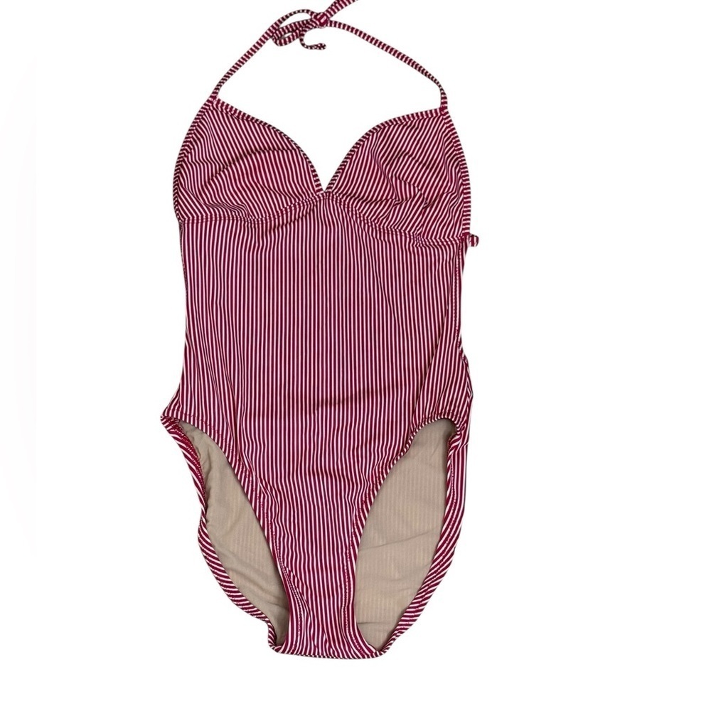 J. Crew Red and White Striped Halter One-Piece Swimsuit